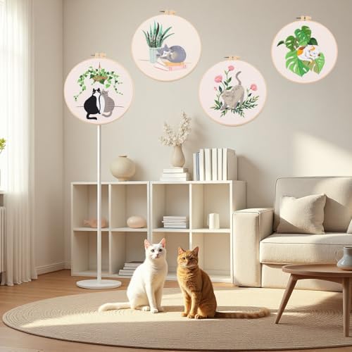 Mozzyyee 4pcs Cat Embroidery Kits for Beginners, DIY Adult Beginner Embroidery Sets with Instructions, 2 Plastic Embroidery Hoops,Scissor, Threads and Needles (Grey Cats) - color: Grey Cats