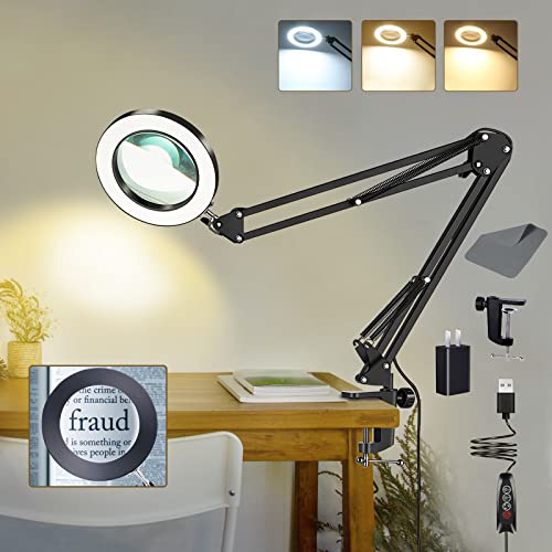 10X Magnifying Glass with Light and Clamp, Magnifier with Light Hands Free3 Color Modes Stepless Dimmable, 72 LEDs Real Glass Lens Magnifying Lamp for Close Work, Repair, Reading, Craft - color: Black