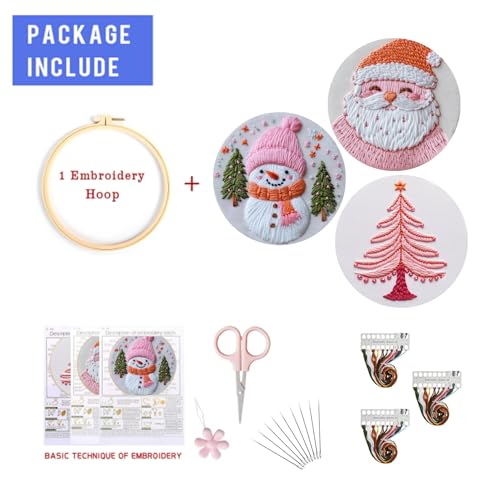 LB Pink Christmas Embroidery Kit for Beginners Adults, 3 Sets Hand Embroidery Starter Kit with Santa Pattern and Instructions Stamped Cross Stitch Kits Include Embroidery Hoop Needles Threads Scissors - color: Green White