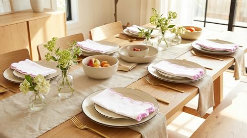PurpleEssences Scalloped Cloth Napkins 18x18 in - White Edges Blush Pink - color: White(edges- Blush Pink)