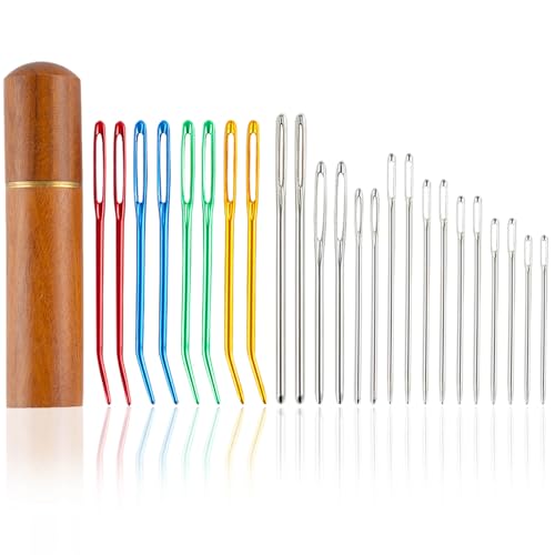 24pcs Large Eye Sewing Needles Kit, Stainless Steel Blunt Darning Needles & Bent Tapestry Needles & Sharp Hand Knitting Needles with Wooden Case,Perfect for Crochet/Darning/Yarn/Embroidery Projects