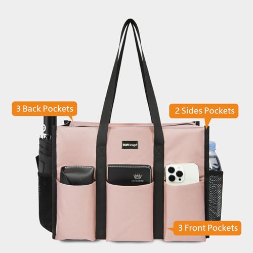 TOPDesign Utility Water Resistant Tote Bag with 13 Pockets, Zipper Closure - color: Pink, size: Large