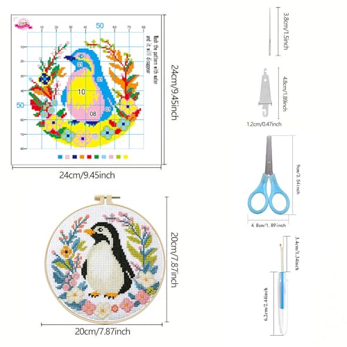 Zhenqing 4-Piece Animal Cross Stitch Kit for Beginners - Complete Set with Pre-Printed 11CT 24x24cm Fabric, Hoop & Tools (Penguin, Sloth, Cow, Deer Designs)(70405) - color: 70405