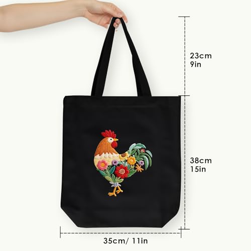 ERKOON Canvas Tote Bag Embroidery Kit for Beginners, Needlepoint Arts Crafts Cross Stitch Kits for Adults Including Stamped Embroidery Bag with Hoops, Needle, Instruction and Color Threads (Rooster) - color: Rooster