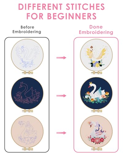 TINDTOP 3 Pack Embroidery Kit for Adult Beginners, Embroidery DIY Starter Kit, with Swan Stamped Patterns, Hoop, Tools, Colorful Threads with Needles, Instructions - color: Swan