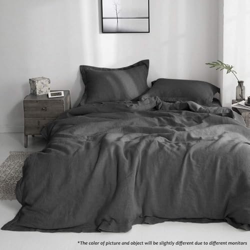 Simple&Opulence 100% Linen Duvet Cover Set with Embroidery Border Washed - 3 Pieces (1 Duvet Cover with 2 Pillow Shams) with Button Closure Soft Breathable Farmhouse - Dark Grey, Full Size - color: Dark Grey, size: Full