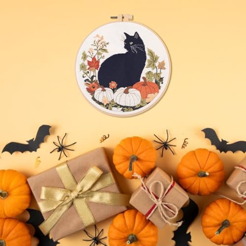IUHUI Embroidery Kit for Beginners Adults - Black Cat and Pumpkin Themed Halloween Easy Patterns, DIY Hand Stitching Embroidery Set with Hoop (Black Cat Autumn Leaf) - color: Black Cat Autumn Leaf