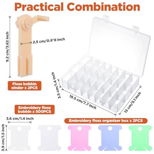 505 Pcs Embroidery Floss Organizer Kit - 2 Removable 24-Grid Thread Storage Boxes with Plastic Bobbins, 2 Bobbin Winders for Cross Stitch, DIY Sewing, Craft Storage