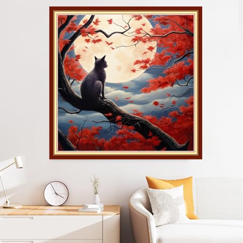 Disxvivy Cross Stitch Stamped Full Embroidery Kits DIY 11CT Cotton Thread Printed DIY Needlepoint Kits Craft Needlework Set Cross-Stitch Stamped Sets-Cats Admiring Moon 18x18 inch - color: Artstyle10