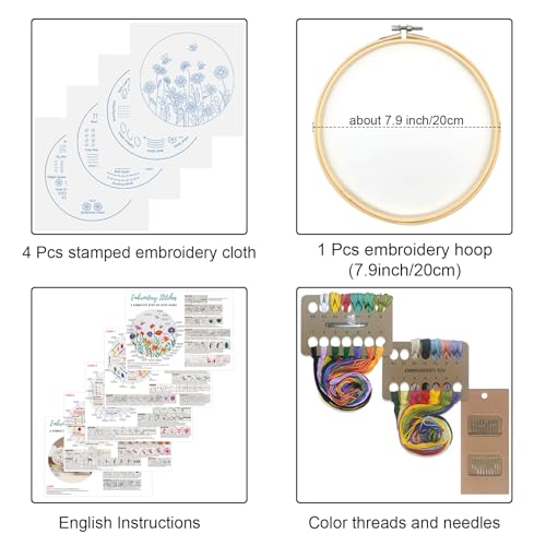 Louise Maelys 4 Pack Embroidery Kit for Beginners Stitch Practice Set - color: 4 embroidery