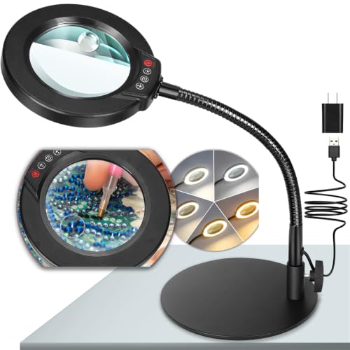 30X 10X Magnifying Glass with Light and Stand, 5 Color Modes Stepless Dimmable LED Lighted Desk Lamp, Hands Free Magnifier with Flexible Goose-Neck for Craft Hobby Painting Sewing Close Work - Black - color: Black, size: 30X 10X-12.6in