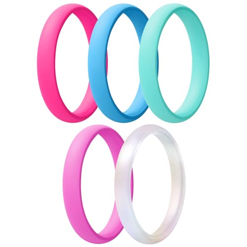 Egnaro Women's Silicone Wedding Ring 2.5mm Wide 1.8mm Thick Rubber Band Set - color: SETA1-Blush Pink, Chill Blue, Mint Green, Sugar Pink, Metallic Pearl White