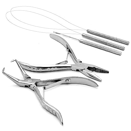 Professional Hair Extension & Beading Tool Kit Remove Plier Set for beads (4 Piece) I-Link Micro Ring Loop Needle Pulling Hook Threader Wire for Silicone Rings (Silver) - color: Silver