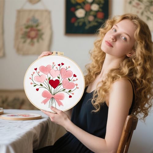 Heart Flower Embroidery Kits for Beginners Adults, Pink Embroidery Starter Kits, Counted Cross Stitch Kits for Adults Anniversary Valentine's Day Gift, Embroidery Hoops, Fabric Thread & Video Tutorial - color: H2033, size: 8Inch