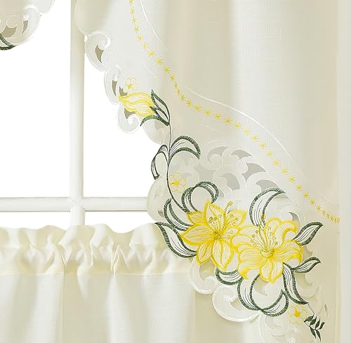 GOHD - Lily Fragrance. 3pcs Multi-Color Embroidery Curtain/Cafe Curtain/Swag & Tiers Set with cutworks. (Yellow) - color: Yellow