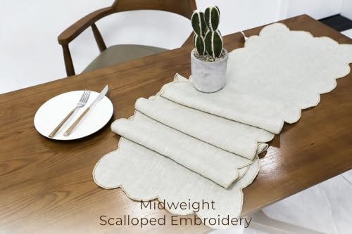 100% Natural Linen Rustic Scalloped Embroidery Table Runner 90 Inches Long, Linen Table Runner 14 x 90 Inch for Dresser and Dining Tables Decor, 6-8 Sets, 14''x90'' Linen(Edges-Gold) - size: 14''x90''
