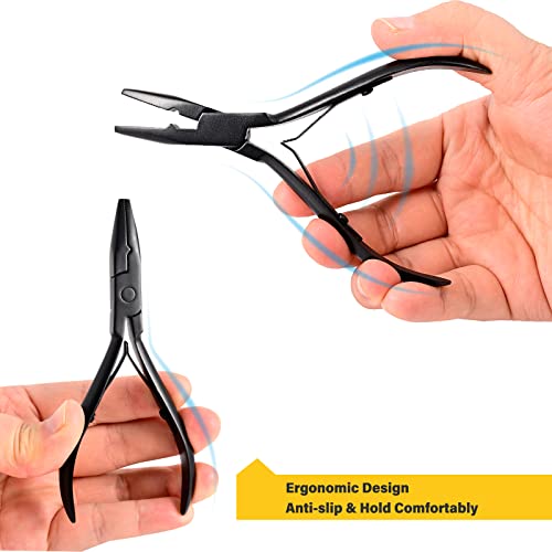Gomake Hair Extensions Closed and Remover Pliers set, Micro Silicone Rings Beads Hair Extensions Loop Needle Threader Pulling Hook Tool and Bead Device Tool for Hair or Feather Extensions (Black) - color: Black