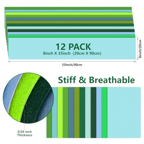 12 Rolls 8"x35" Large Stiff Felt Sheets, 1mm Felt Fabric Sheet for Crafts - color: Green Series