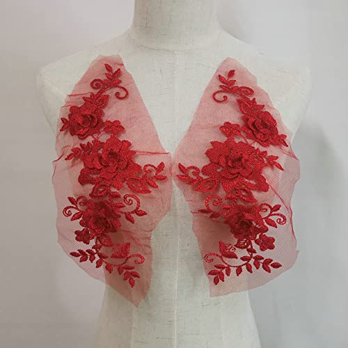1 Pair 29 * 13cm Red/Pink/Purple/Sky Blue Wedding Dress Lace Shirt Accessories Embroidery Lace Garment Design DIY Accessories (Red) - color: Red