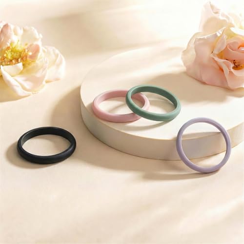 Egnaro Women's Silicone Wedding Ring 2.5mm Wide 1.8mm Thick Rubber Band Set - color: 1-Black, Bright Peach, Green, Cloudy Blue