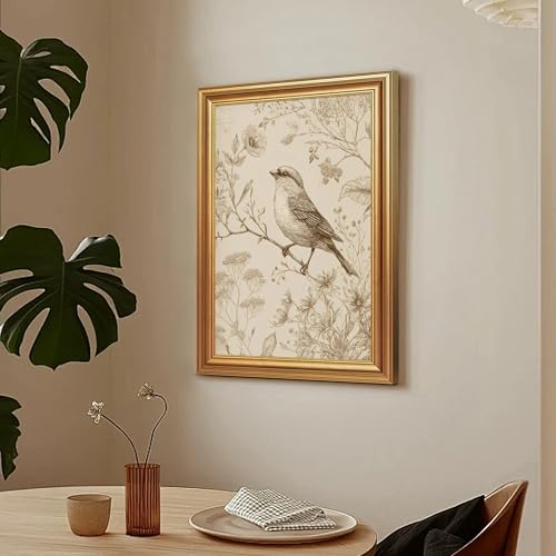 Wojuin Antique Style Sparrow Floral Etching Framed Canvas Wall Art 16x24 in - color: Sparrow, size: 24"L x 16"W