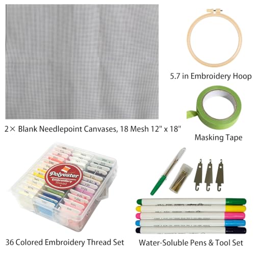 2 Pcs 18 Mesh Professional Blank Needlepoint Canvas Kit with Tools