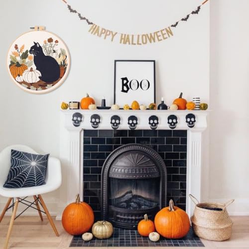 IUHUI Embroidery Kit for Beginners Adults - Black Cat and Pumpkin Themed Halloween Easy Patterns, DIY Hand Stitching Embroidery Set with Hoop (Black Cat Autumn Plant) - color: Black Cat Autumn Plant