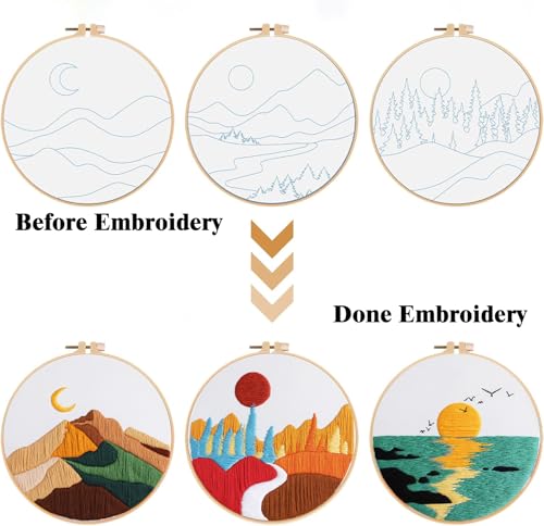 GLTAYLMY Embroidery Kits for Beginners Adults, Stamped Cross Stitch Kits for Adult Beginners Embroidery Starter Kit with Pattern, 3 Embroidery Hoop and Fabric, Needles Threads - color: Landscaping1