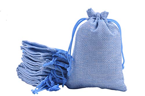 Sansam 50pcs 10.0x14.0cm/4.0''x5.6'' Sky Blue Lining Burlap Small Gift Bags Hemp/Hessian Bags, Jewelry Pouches, Wedding Favors, Jewelry Packing, Sacks - color: Sky Blue