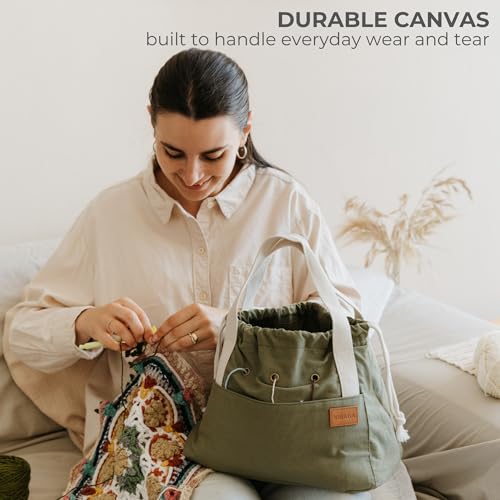 Stylish Crochet Bag Organizer for Yarn - Durable Canvas with 8 Pockets - color: Sage