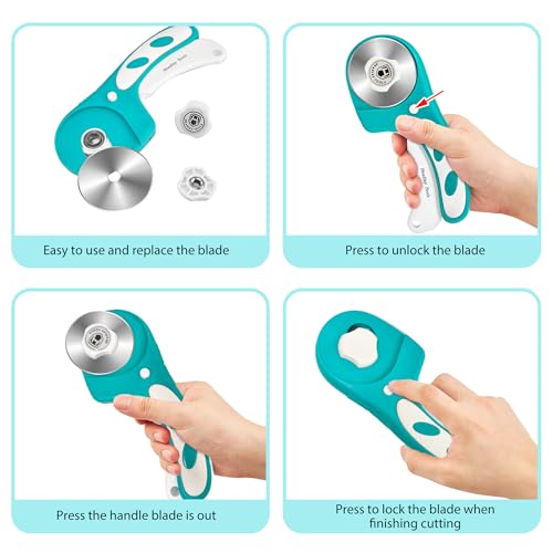 Headley Tools Rotary Cutter 60mm Upgraded with Bearing Design for Smoother and deeper cutting, Ergonomic Handle Rolling Cutter with Safety Lock for Fabric, Fabric, Leather, Crafting, Sewing, Turquoise - color: Turquoise, size: 60mm