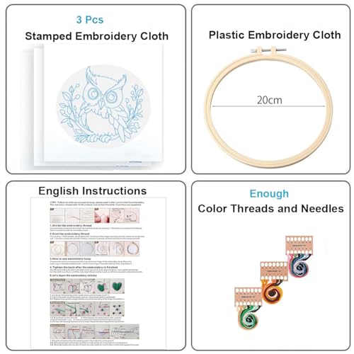 Konrisa Owl Embroidery Kit for Beginners Adult, Embroidery Starter Kit with Cloth Hoops Threads DIY Sewing for Craft Lover Hand Stitch Needlepoint Kits - color: owl