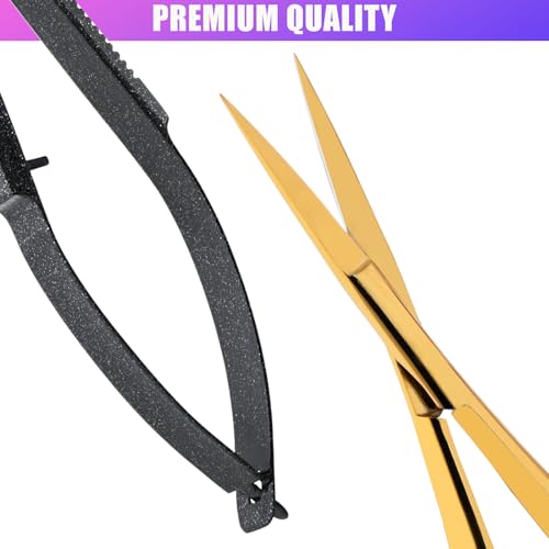 Cross Edge Spring Scissors 5 Inch straight Stainless-Steel Precision Eyebrow & Eyelash Shaping Trimming Scissor, Best for Squeeze Scissors, Embroidery & Knitting Micro Tip Craft (Gold Glitter Black) - color: Cec-ss-06