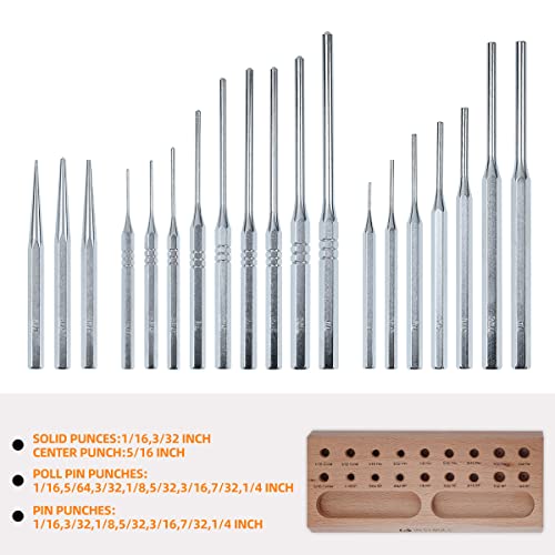 BESTNULE 19pc Punch Set w/Beech Block(Roll Pin, Center, Flat, Solid Punch)