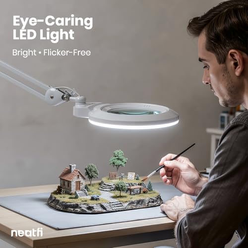 Neatfi XL Bifocal LED Magnifying Lamp, 7” Glass Lens, 2.25X/6X Magnification, 1,600 Lumens Dimmable | Hands-Free Close Work | Crafting, Jewelry & Reading (White-2, 7-inch Lens, Non-CCT with Clamp) - color: White-2, size: 7-inch Lens, Non-CCT with Clamp
