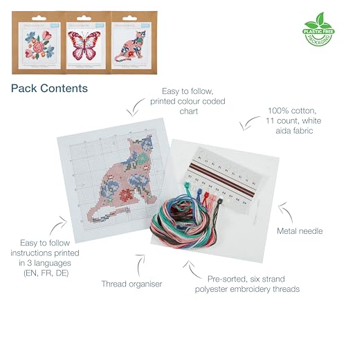 Trimits 3PK Cross Stitch Bundle – Counted Embroidery Kit, Beginner & All Level Starter Set, Complete with Instructions & Thread Children Wall Home DIY Décor – 13x13cm – Butterfly, Cat, Flowers - style: Butterfly, Cat, Flowers