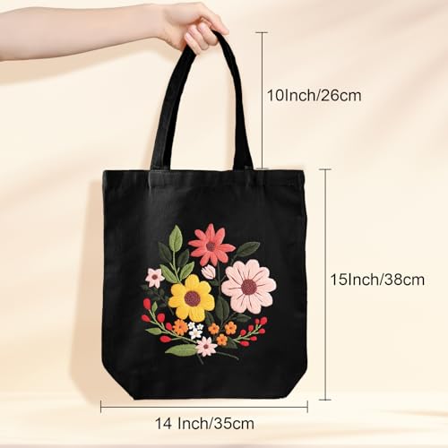 Louise Maelys Halloween Embroidery Kit Canvas Tote Bag with Flower Pattern - color: flower 1