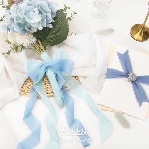 Ribbli Chiffon Ribbon 1.5 inch x 30 Yard Handmade Silk Ribbon,Light Blue/Baby Blue/Dusty Blue Fringe Chiffon Ribbon for Wedding Invitations, Bridal Bouquets Wrapping, Flower Arrangement Decoration - color: Lt.Blue/Baby Blue/Dusty Blue