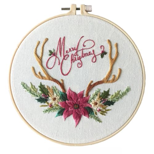 IUHUI Embroidery Kit for Beginners Adults - Merry Christmas Easy Patterns, DIY Hand Stitching Embroidery Set with Hoop (Christmas Antlers) - color: Christmas Antlers