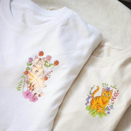 ORIGACH 4 Sheets Water Soluble Embroidery Patterns Stabilizers - Pre-Printed Cat & Flower Designs - Stick & Stitch Embroidery Paper for Hand Sewing Lovers - color: Cat & Flower