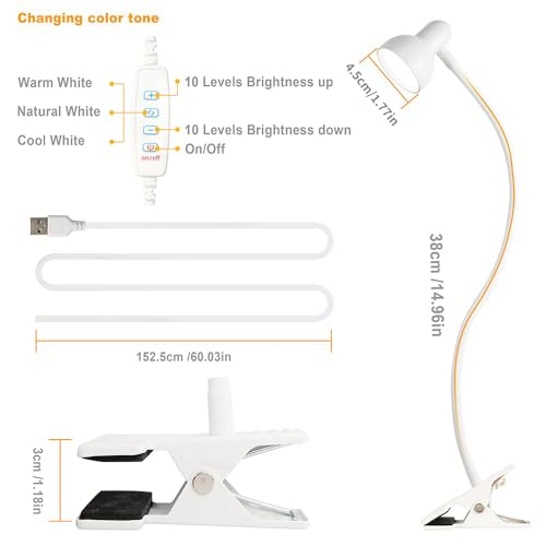 Clip on Lamp USB Reading Light, 3 Color Modes, White - color: White