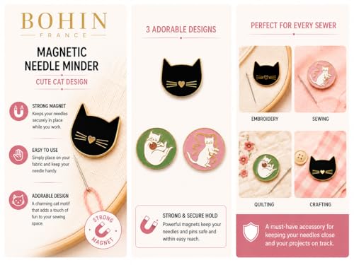 BOHIN Needle Minder Black Cat, 8x6cm, Magnetic Sewing Accessory