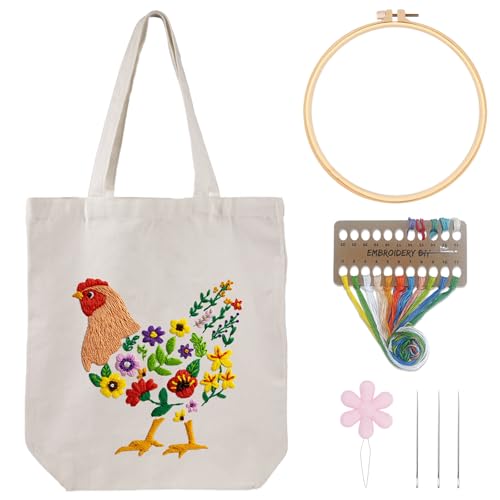 Louise Maelys Embroidery Kit, Canvas Tote Bag with Floral Hen Art Pattern - color: hen flowers
