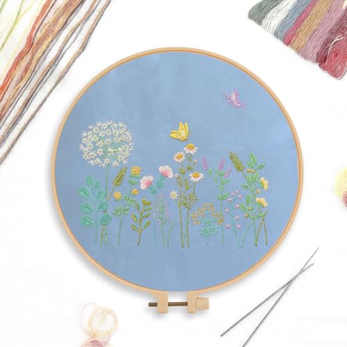 CREAWONDER Canvas Tote Bag Embroidery Kit with Pattern for Beginners, Arts and DIY Embroidery Crafts Kits for Adults, Include Instructions, Embroidery Hoops, Color Threads and Tool - color: CR002 banmeng lightblue