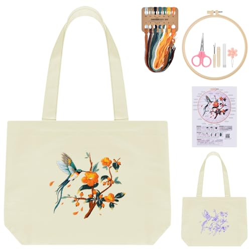 ERKOON Canvas Tote Bag Embroidery Kit for Beginners, Floral Arts Crafts Cross Stitch Kits for Adults Including Stamped Embroidery Bag with Hoops, Needle, Instruction and Color Threads (Hummingbird) - color: Hummingbird-White