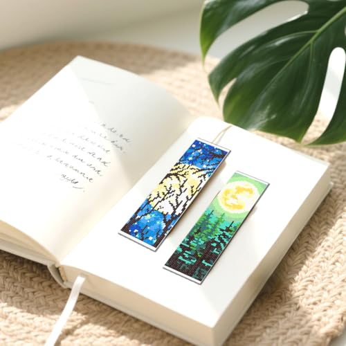 FREEBLOSS 6pcs Cross Stitch Bookmark Kit for Adult Beginners Stamped Night Landscape Cross Stitch Kits Embroidery Bookmarks Craft Kit with Instructions for Gift 11CT 8"x2.4" - style: Scenery