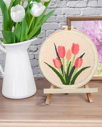 ERKOON Punch Needle Kit Beginners Adults, DIY Easy Flower Embroidery Set for Starter Art Craft, Needling Punching Project with Patterns, Tools, Yarns, Hoop, Instruction (Tulips) - color: Tulips