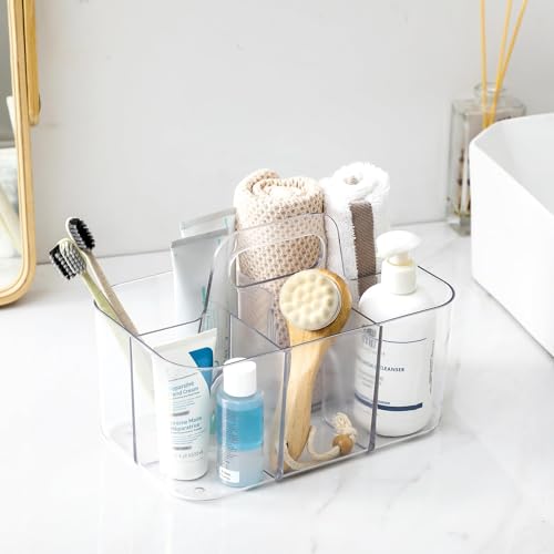 AOZITA Multiuse Caddy Organizer with Handle, Portable Divided Tote Bin - Art Craft, Stationary Pen Marker Crayons, Makeup Hair Supplies Storage - Bathroom, Classroom, Dorm, Office, Desk Holder -Clear - color: Clear