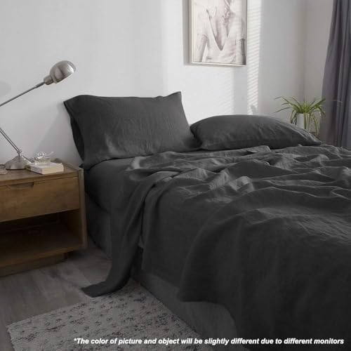 100% French Linen Pillowcases with Embroidery - Pack of 2 - Washed Solid Color Natural Flax Soft Breathable - Dark Grey, 20'' x 30'' - color: Dark Grey, size: 20''x30'' - Embroidery