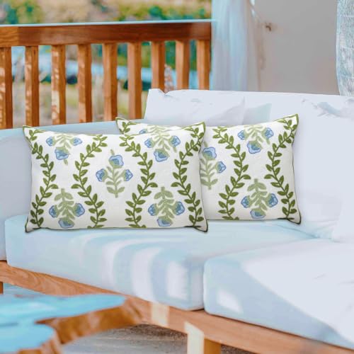 Set of 2 Embroidered Decorative Throw Pillow Covers Couch Square Pillowcases Cushion for Bedroom Sofa Farmhouse Decor 12x20 Inch (Blue Floral-Lumbar) - color: Blue Floral-lumbar